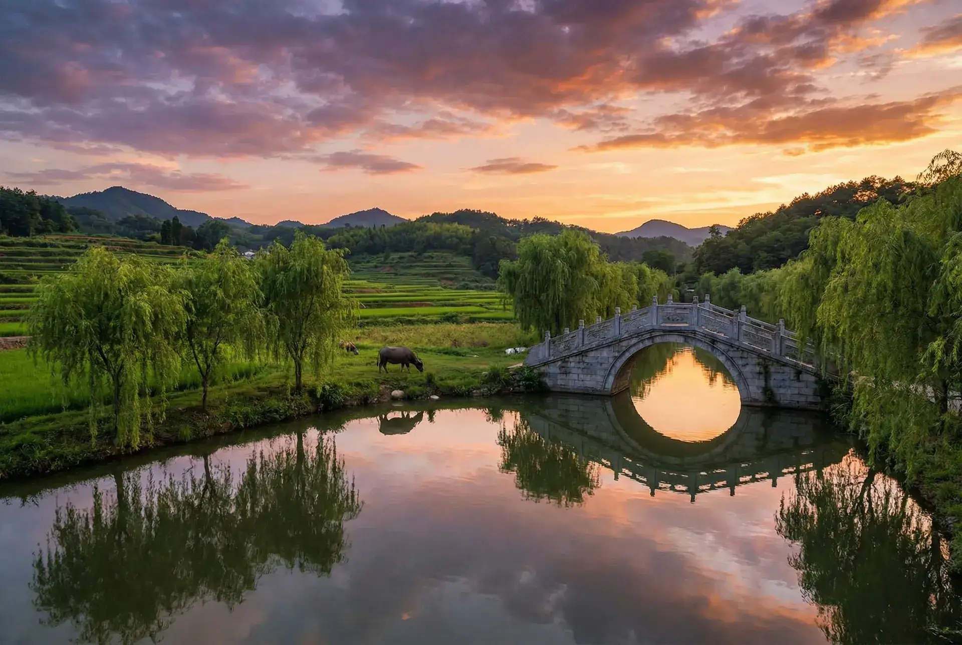 夕阳下的石拱桥与垂柳，水牛在河边吃草 - 育才花园事件 乡村美景